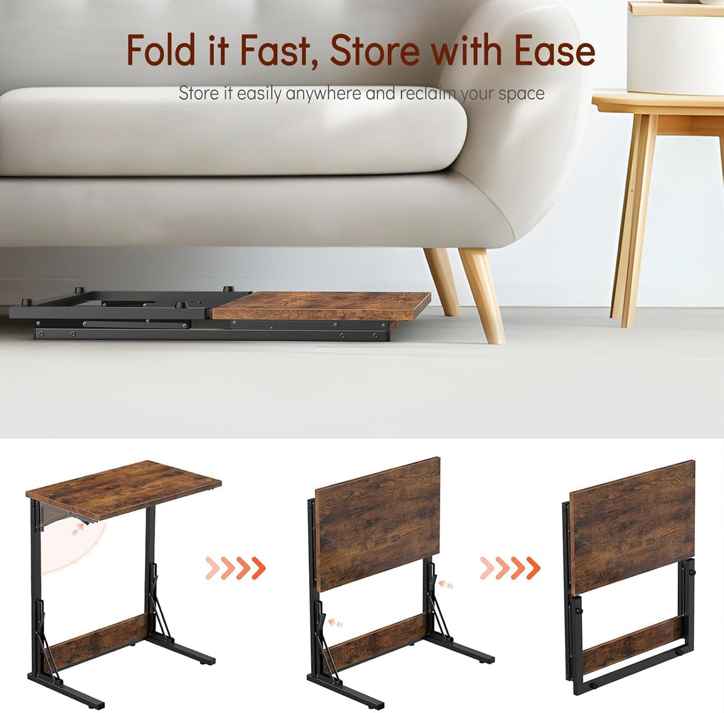 Tatub 24' Folding C Shaped End Table Set of 4, Small Sofa Side Laptop Desk, Couch TV Tray Table for Living Room, Bedroom, Rustic Brown