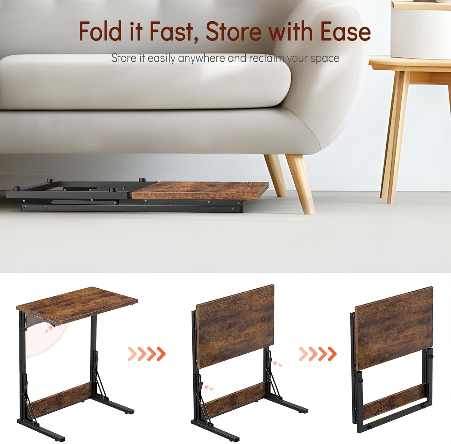 Tatub 24' Folding C Shaped End Table Set of 4, Small Sofa Side Laptop Desk, Couch TV Tray Table for Living Room, Bedroom, Rustic Brown