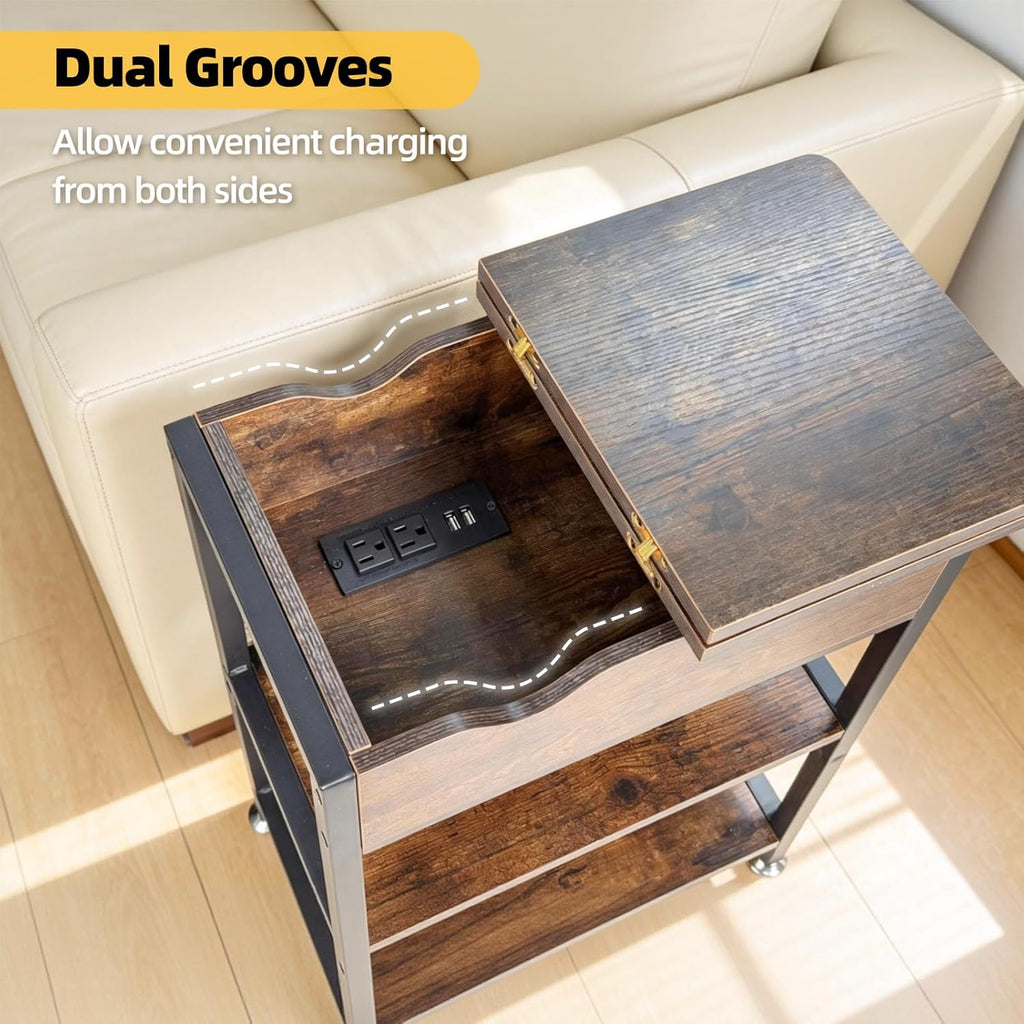 TooCust Flip Top End Table with Charging Station Set of 2, 12' D×21' W×26' H Small Side Tables with Storage & Shelves, Compact Side Table for Small Spaces, End Tables Living Room Set of 2, Brown