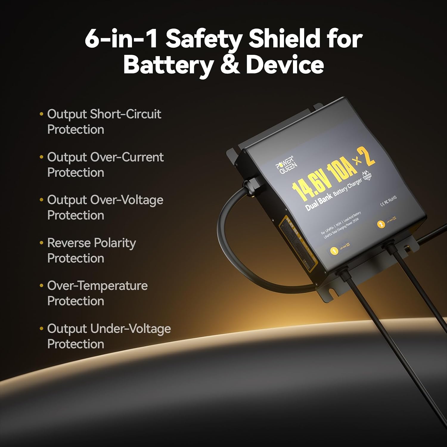 Power Queen 2 Bank Marine Battery Charger 20A (10A/Bank),Dual Smart Battery Charger, 12V LiFePO4 Batteries Charger Waterproof with LED Indicator for RV, Boat,Trolling Motor,Lithium & Lead Acid Battery