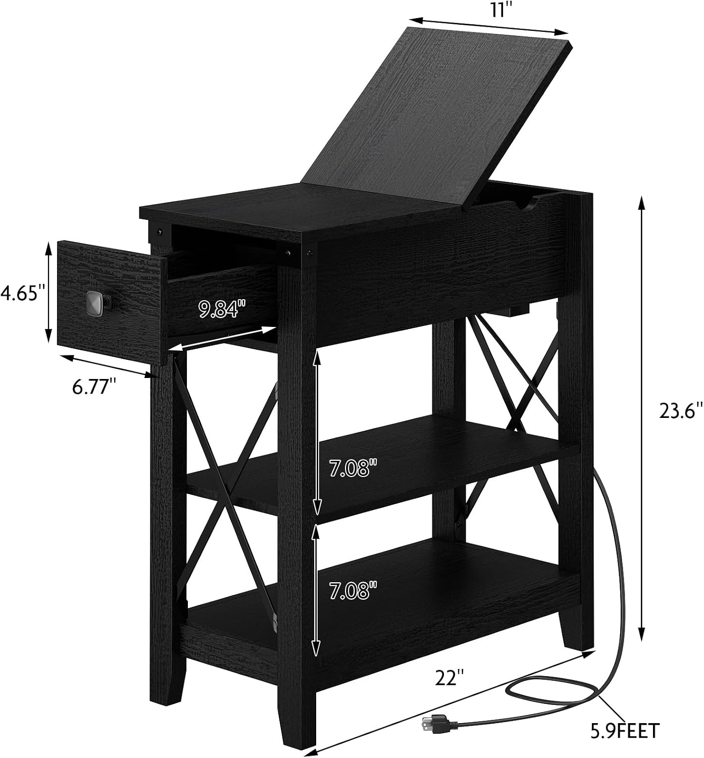Awescuti Narrow End Table with Charging Station - Farmhouse Slim Side Table Set of 2, w/USB Ports Power Outlets, Nightstand w/Flip Top Storage Drawer, for Small Spaces Living Room Bedroom, Black