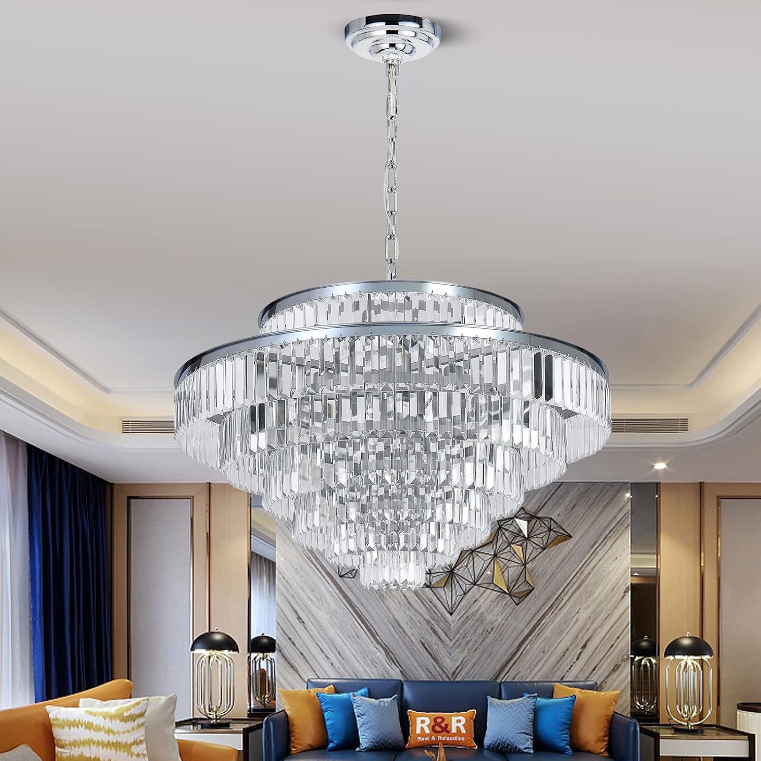 Crystal Chandeliers Modern Style Chrome 39 inch & Lights Round Hanging Classic Pendant Ceiling Chandelier Lighting Fixture 7-Tier for Dining Room Living Room