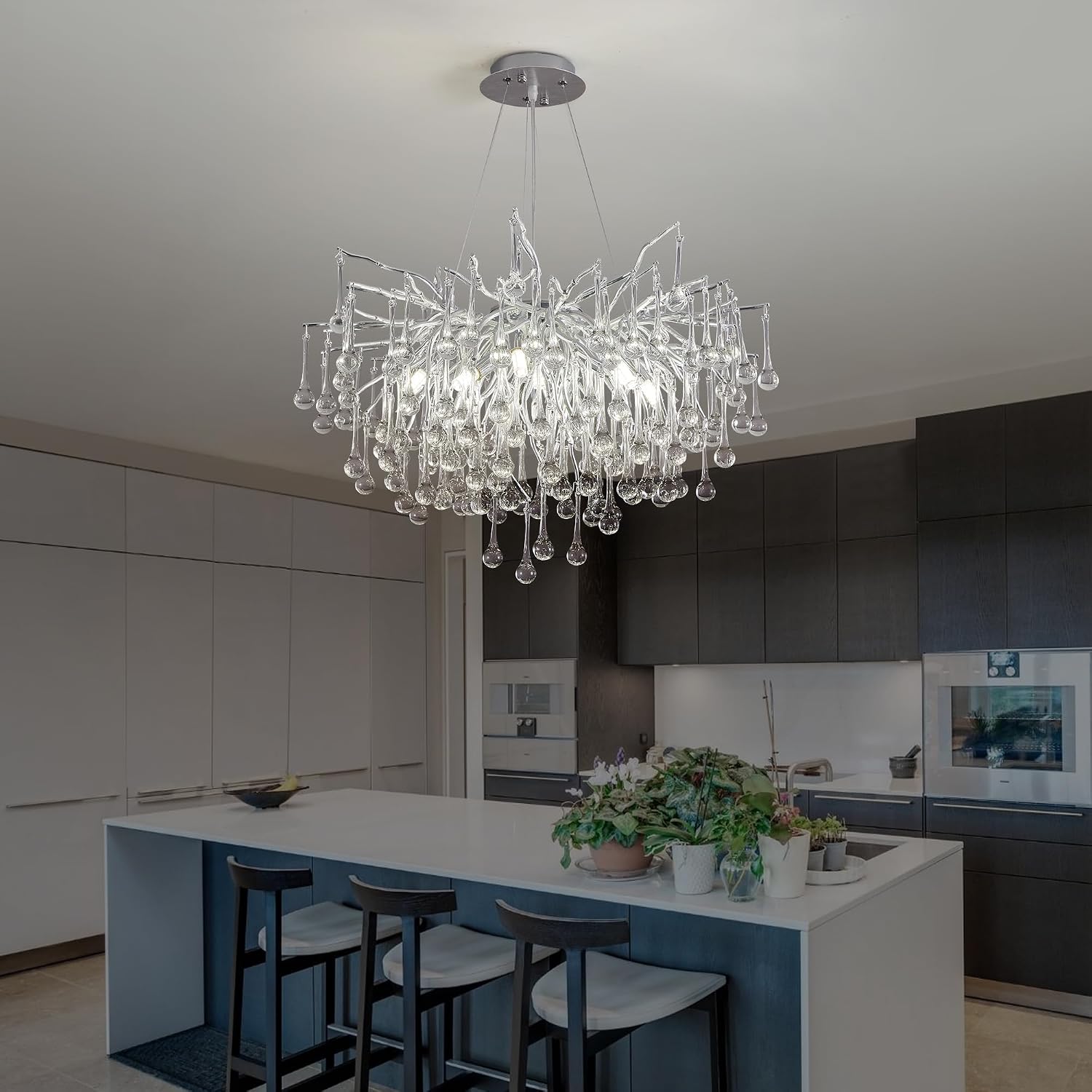 Modern Crystal Raindrop Chandelier, Silver Round Art Deco Tree Branch Lighting Fixture for Dining Room Living Room Foyer 13 Lights D31.5''
