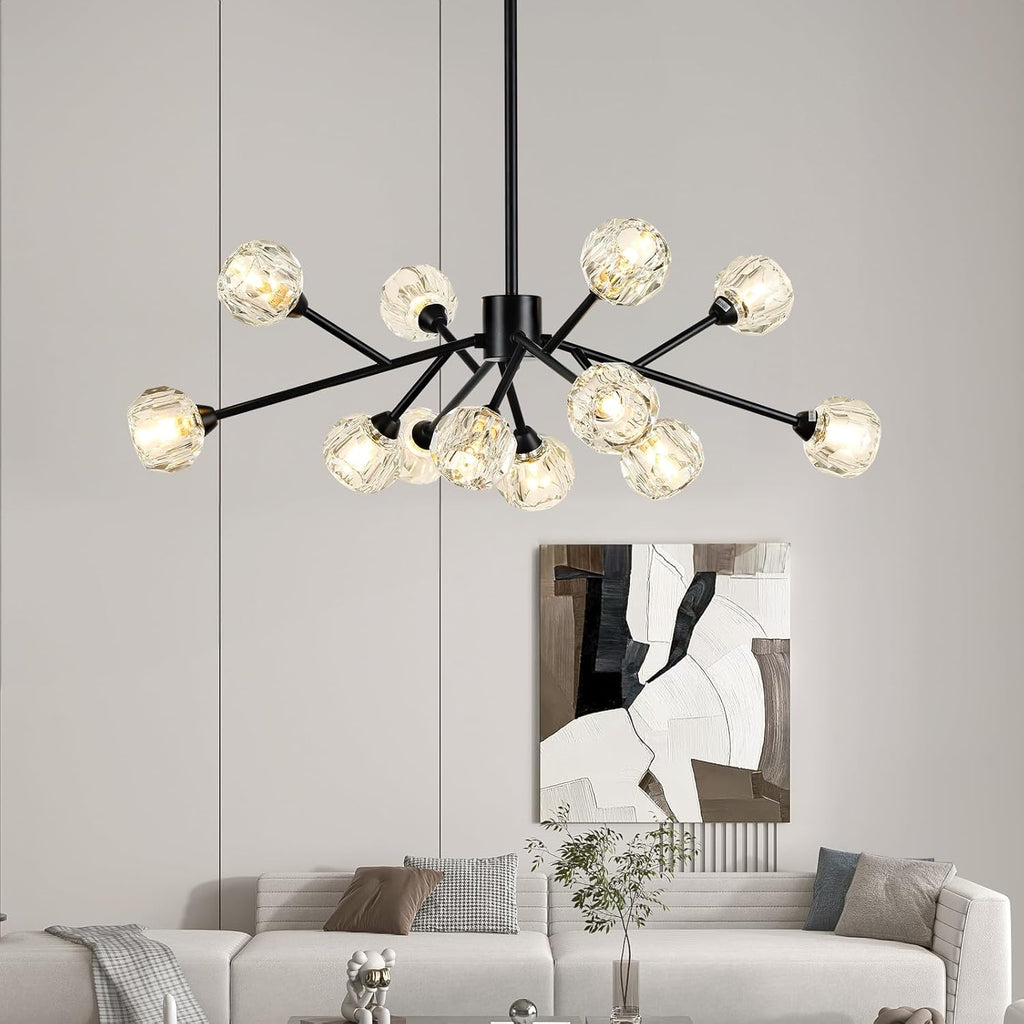 Weesalife Sputnik Chandeliers for Dining Room Light Fixture Over Table, Modern Crystal Chandeliers, 12 Lights Black Lighting Fixtures for Living Room Bedroom Kitchen Island Bar