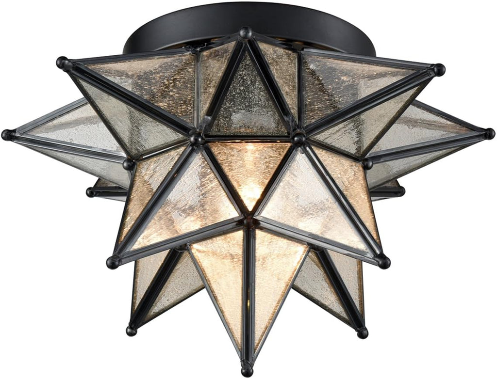 DAYCENT Black Moravian Star Flush Mount Light with Seeded Glass Shade 12.8-Inch Moroccan Star Glass Ceiling Light Fixtures for Bedroom Kitchen Hallway Foyer