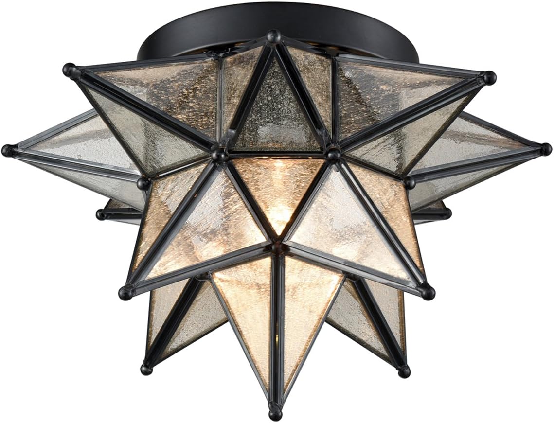 DAYCENT Black Moravian Star Flush Mount Light with Seeded Glass Shade 12.8-Inch Moroccan Star Glass Ceiling Light Fixtures for Bedroom Kitchen Hallway Foyer