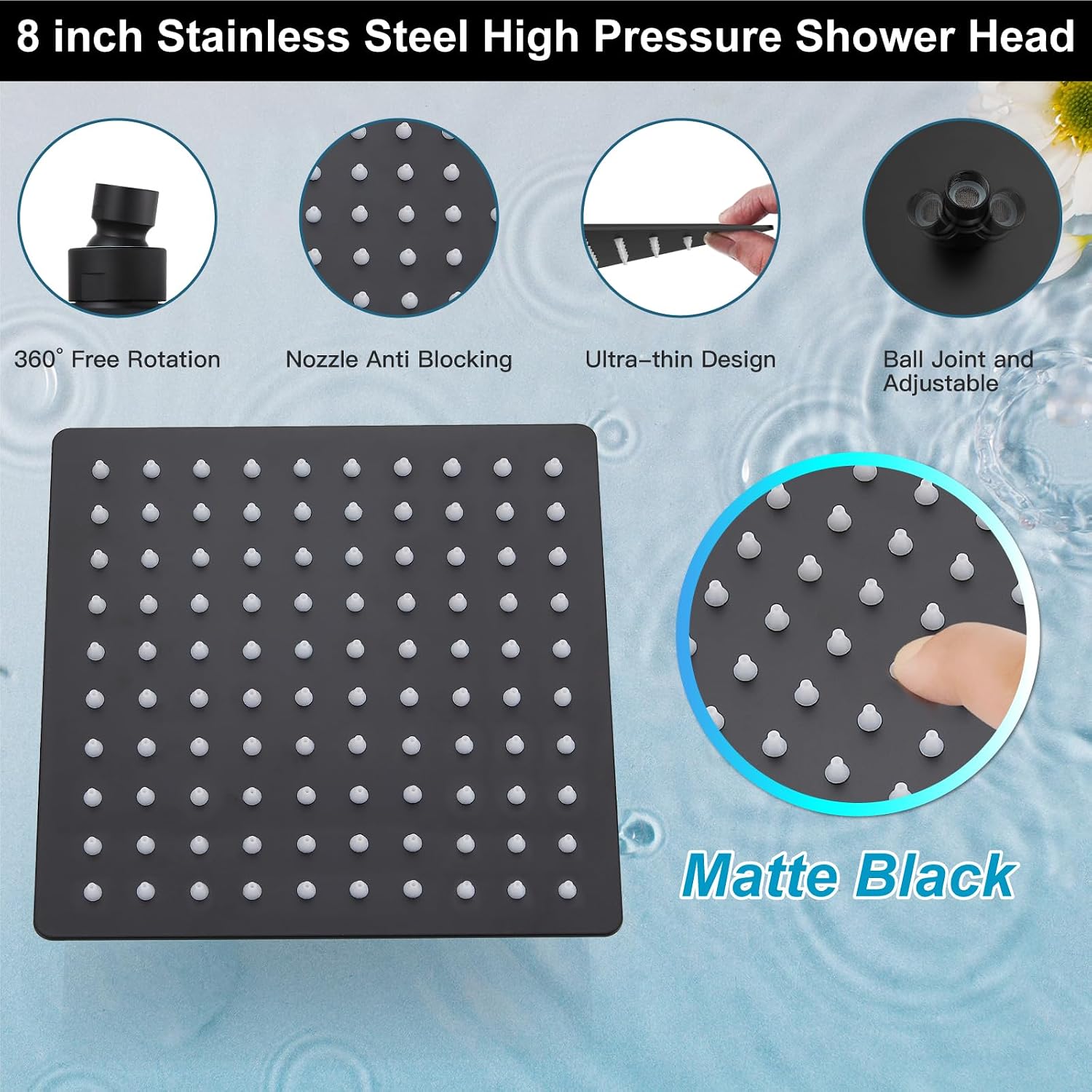 Midanya Shower Faucet Set,Wall Mount Shower System with Square Rain Shower Head and Hand Sprayer, Rough-in Valve Body and Trim Kit Included,8 Inch,Matte Black