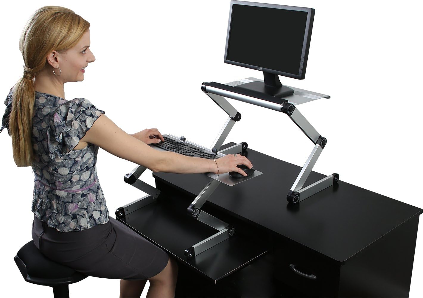 WorkEZ Adjustable Standing Desk Converter, Sit to Stand Desk Riser, Standing Desk for Laptop Monitor, Adjustable Height & Angle Negative Tilt, Silver