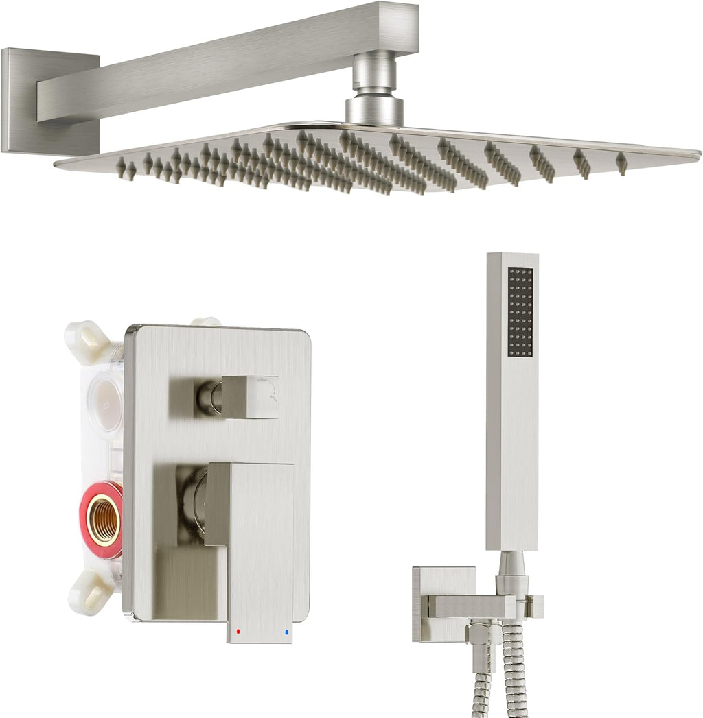 Alesco Shower Faucet Set, Brushed Nickel Shower System with 12-Inch High-Pressure Rainfall Showerheads and Handheld Spray combo, Showerfixture Include Valve and Trim Kit, Brushed Nickel