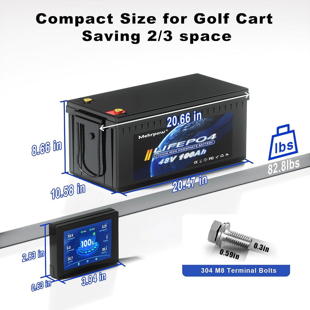 48V Lithium Battery Golf Cart Batteries Kit with Smart 200A BMS 58.4V 18A Charger Touch Monitor & Mobile APP 10000 Cycles 48V 100Ah LiFePO4 Battery Peak Current 1000A(3-5s) for Club Car, EZGO, Yamaha