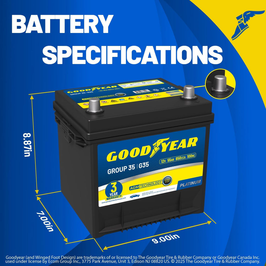Goodyear 35-AGM BCI Group Size 35 12V 55 AH, 100RC, 650 CCA Platinum series Rechargeable AGM Maintenance Free Automotive Battery