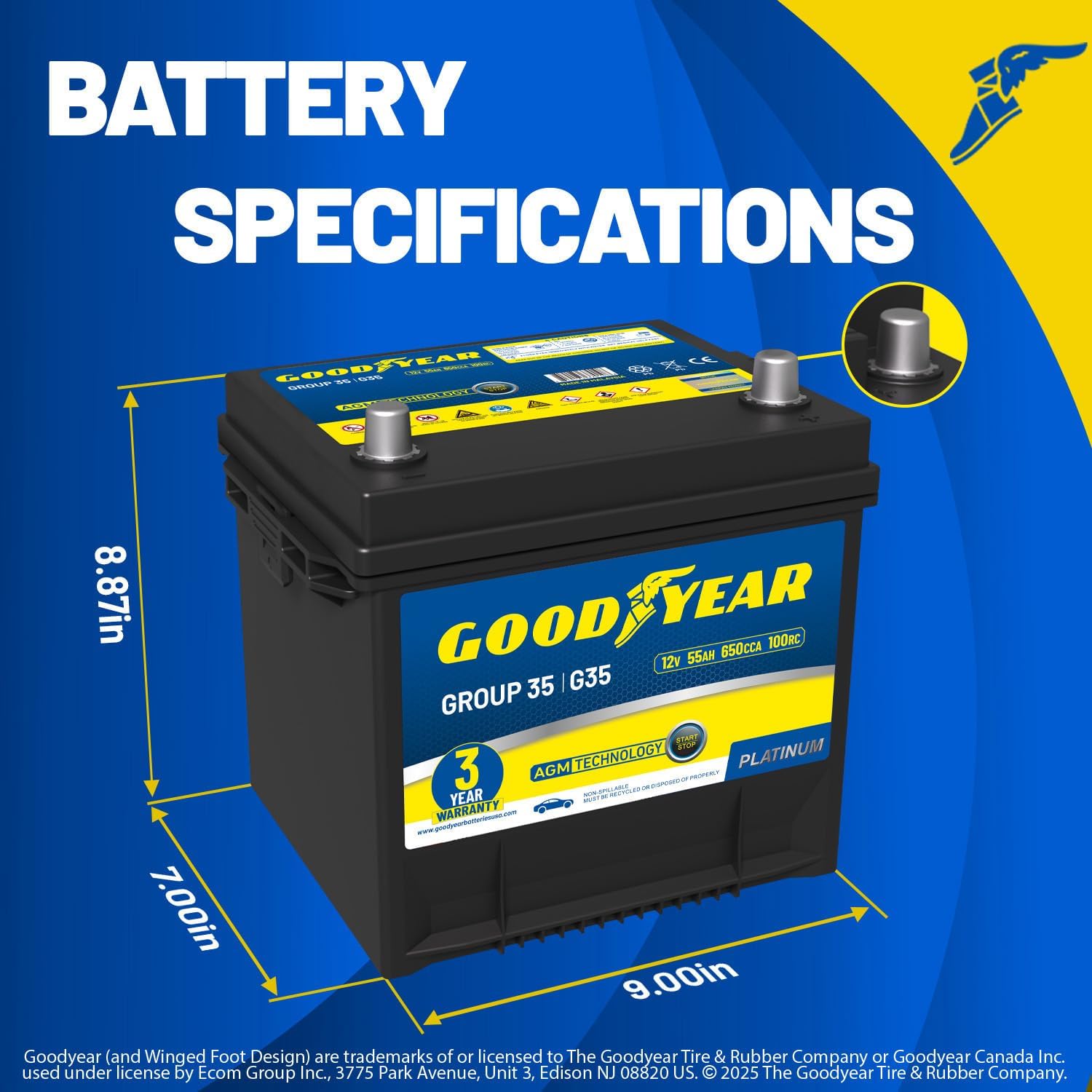 Goodyear 35-AGM BCI Group Size 35 12V 55 AH, 100RC, 650 CCA Platinum series Rechargeable AGM Maintenance Free Automotive Battery
