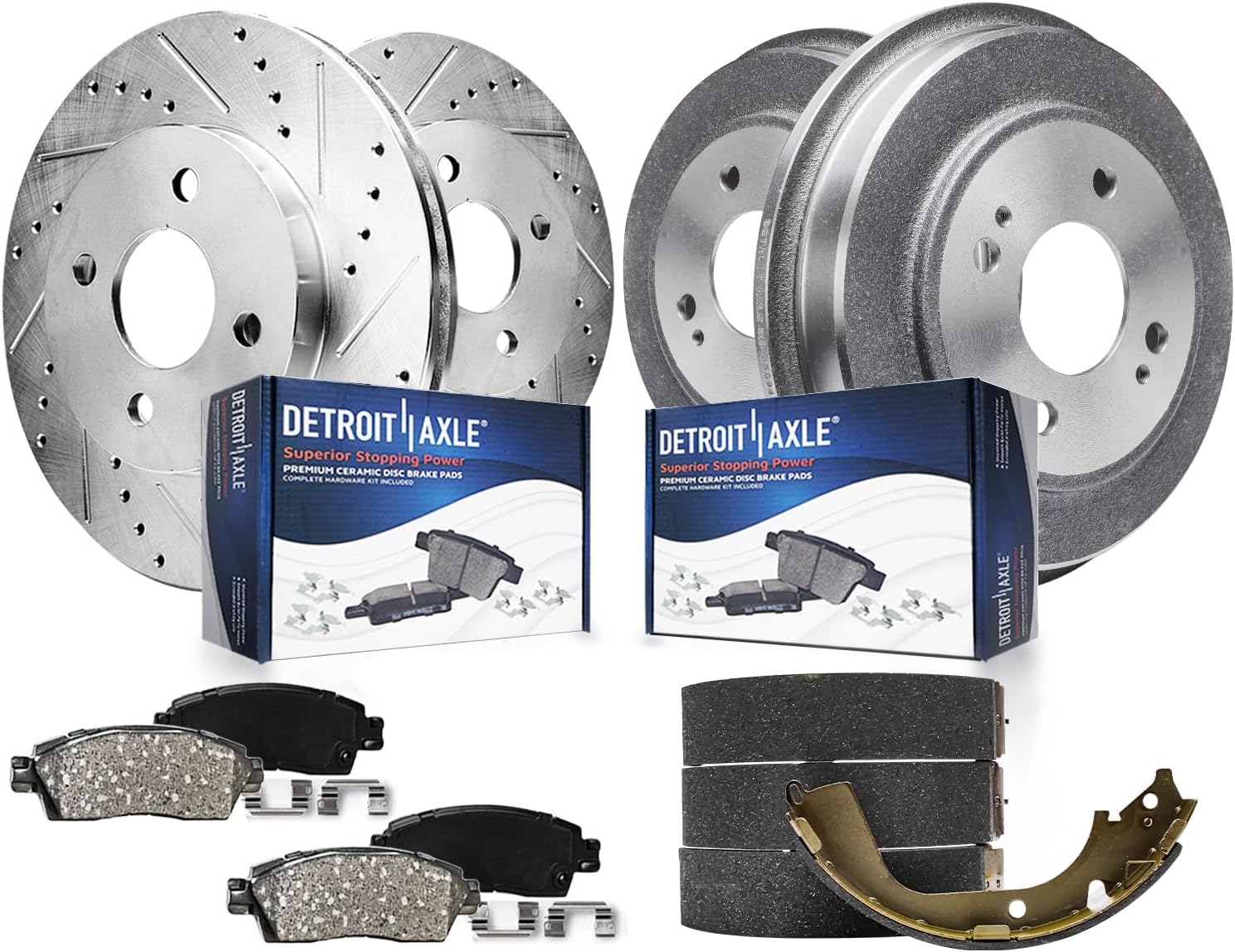 Detroit Axle - Front Drilled Slotted Disc Brake Rotors Ceramic Brake Pads Rear Brake Drums Shoes Replacement for 2009-2013 Honda Fit: 10.32'' inch Front Rotor