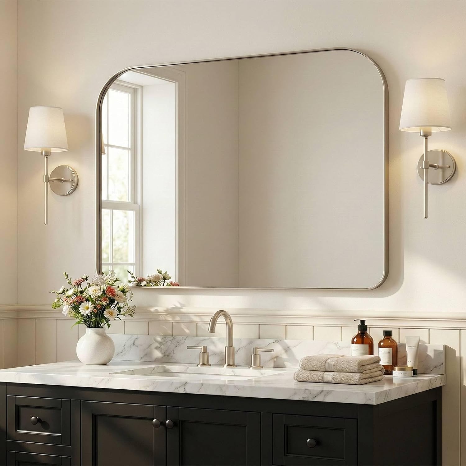 ANDY STAR Brushed Nickel Bathroom Mirror 30x40, Large Silver Rounded Rectangular Wall Mirror, Horizontal Stainless Steel Metal Frame for Over Sink, Fireplace Mantel, Wide Vanity, Rust-Resistant