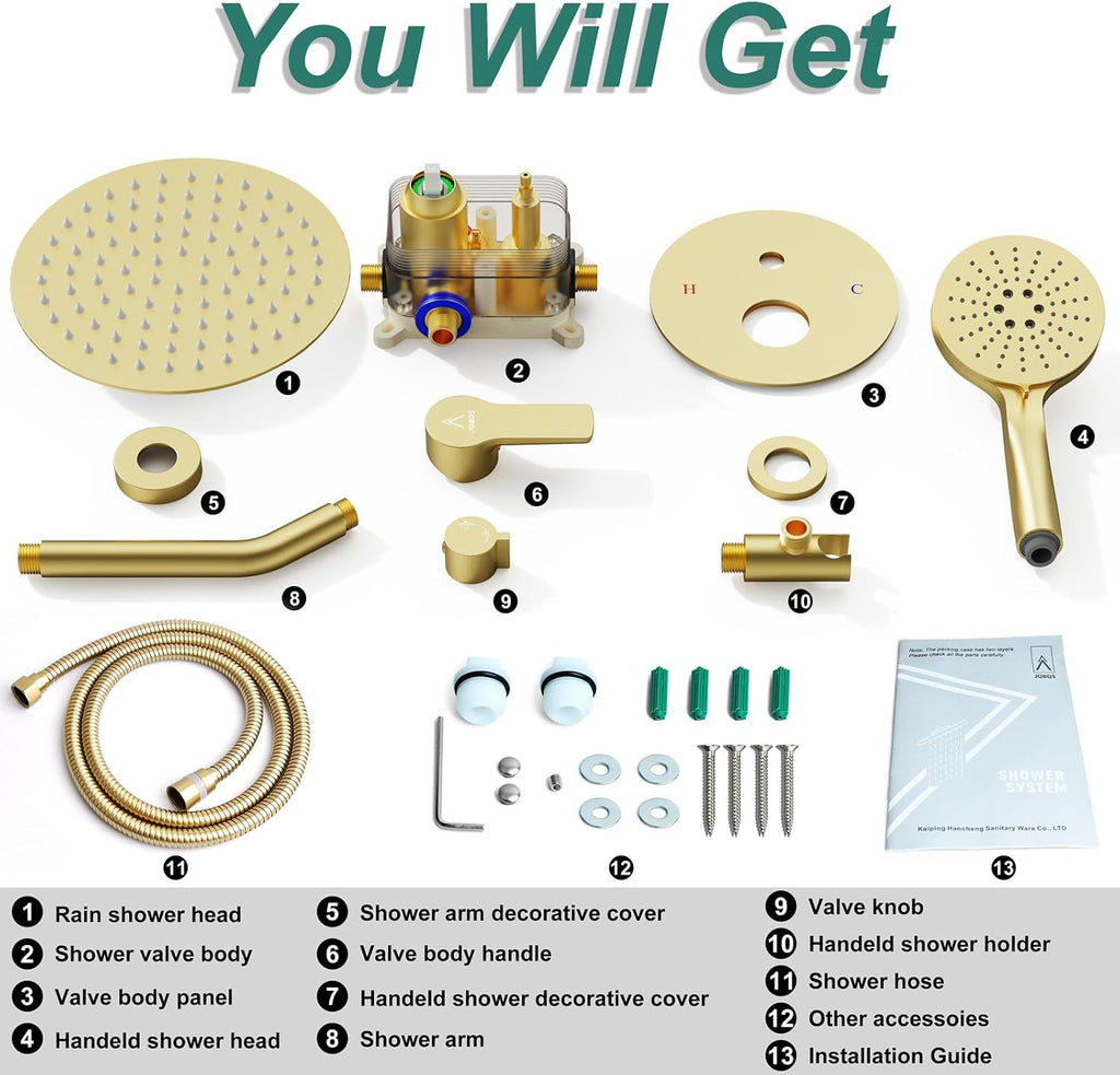 Shower Faucet Set Brass 12IN Rough-In Valve Body Trim Kit Rainfall Included Handle Accessories Complete 2 Functions with Rain Head and Handheld Bathroom Systems (12'', Brushed Gold)