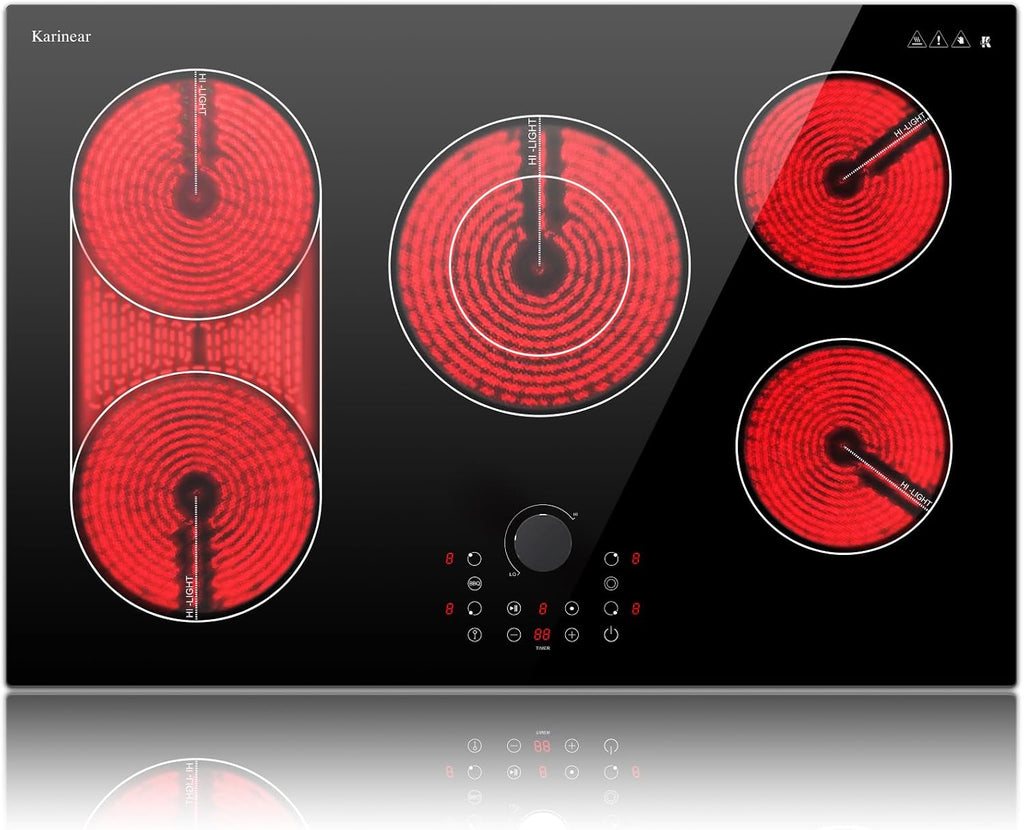 Karinear Electric Cooktop 30 Inch with Magnetic Knob, Bridge BBQ, 5 Burner Radiant Stove Top, 8600W 240V Built-in Hob, 9 Heat Levels, 99-Min Timer, Child Lock, Pause