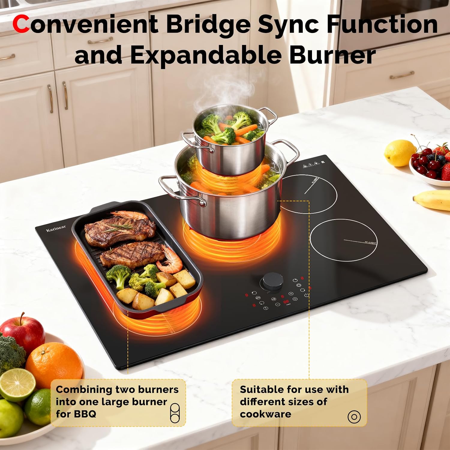 Karinear Electric Cooktop 30 Inch with Magnetic Knob, Bridge BBQ, 5 Burner Radiant Stove Top, 8600W 240V Built-in Hob, 9 Heat Levels, 99-Min Timer, Child Lock, Pause
