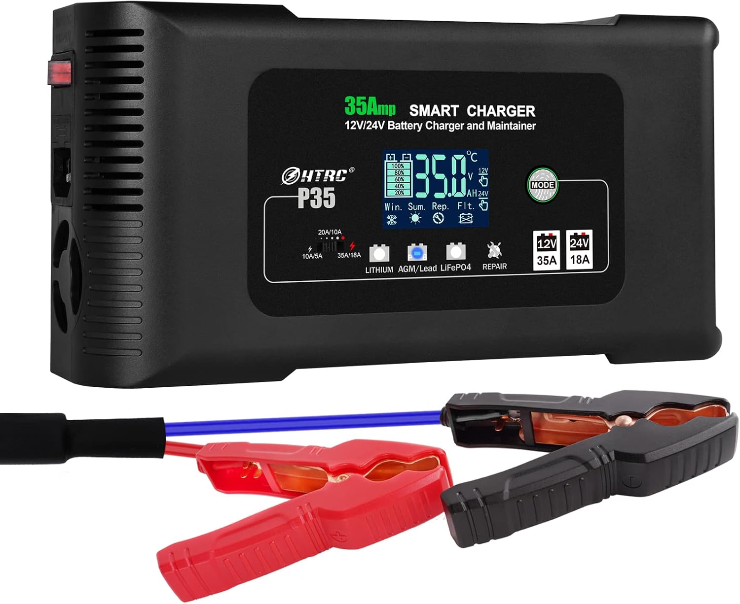HTRC 35-Amp Smart Charger, Car Battery Charger,Trickle Charger, 12V35A/24V18A,14.6V/29.2V,Lithium,LiFePO4,Lead-Acid AGM/Gel/SLA..Battery Charger, PortableMaintainer/deep Cycle Charger and Desulfator