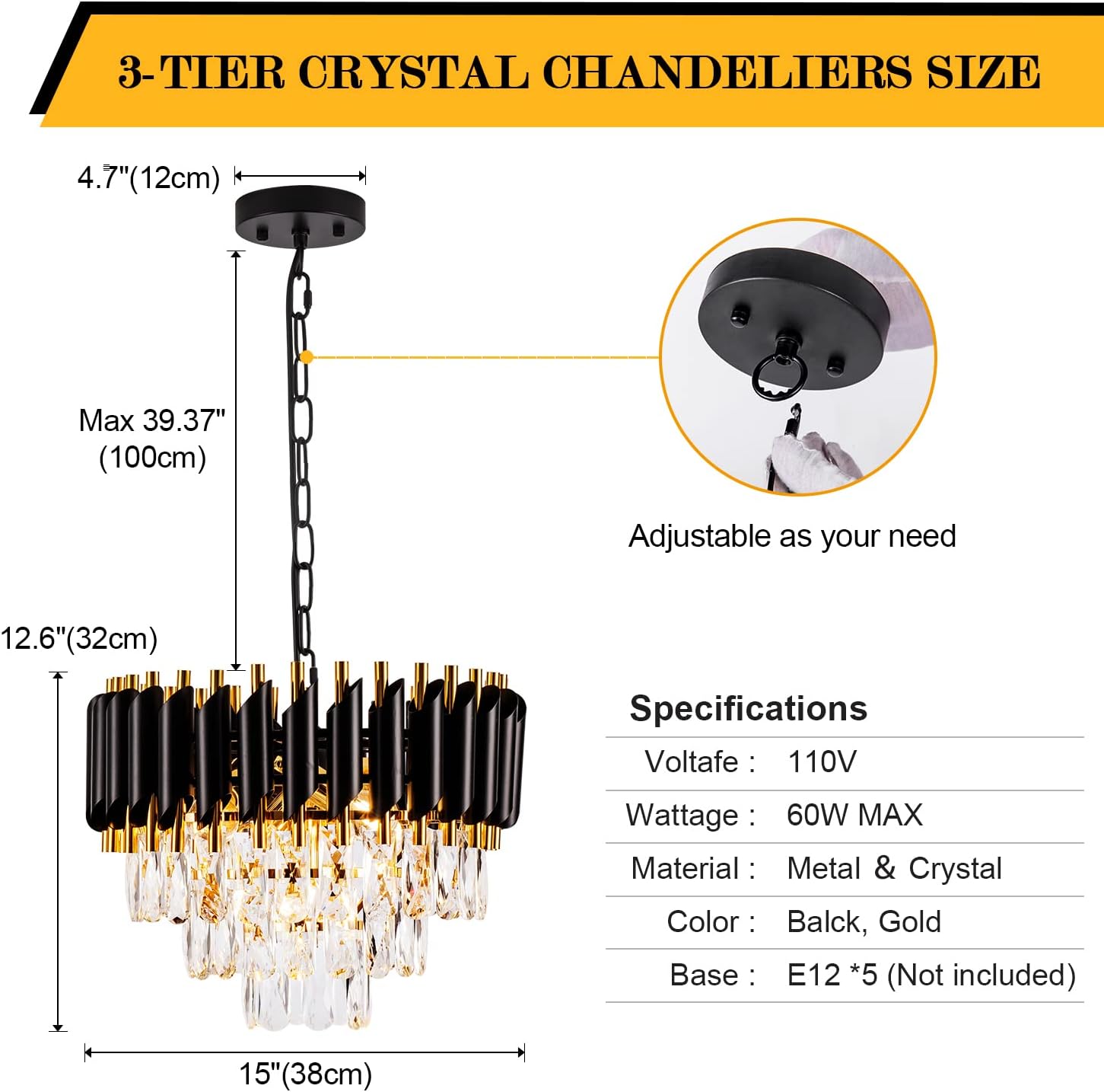 3-Tier Black Gold Crystal Chandelier 5-Light 15'' Modern Crystal Pendant Chandelier Ceiling Light Fixture Hanging Lighting for Kitchen Island Dining Room Foyer Entryway Bedroom