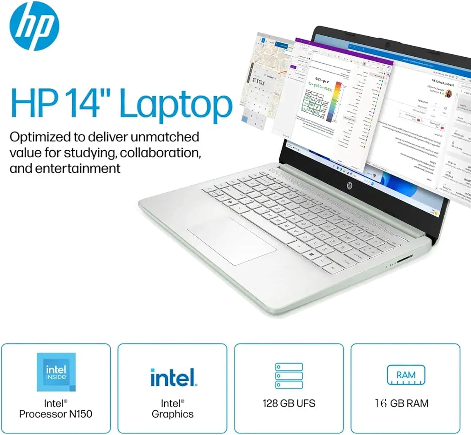 HP 14'' Business Laptop Computer - Windows 11 Pro & Microsoft Office Lifetime License, Intel Processor N150, 14 inch HD Laptop, AI-Powered, 12 Hr Batter (8GB RAM | 128GB UFS | 256GB Extend Micro SD)