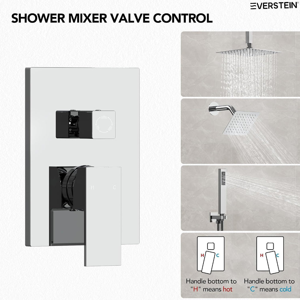 10' High-Pressure Rainfall Shower Faucet, Celling Mount Dual Shower Head System, Polished Chrome