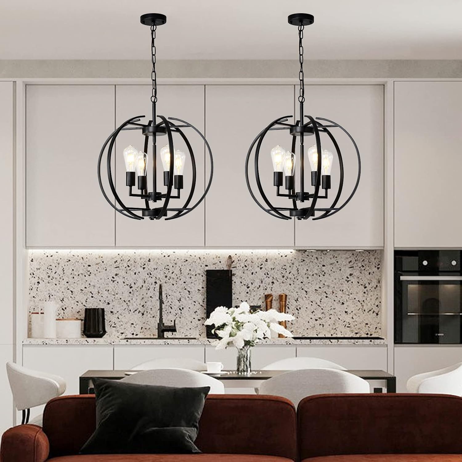 Large Lantern Globe Black Chandelier Lighting, Farmhouse Chandelier Adjustable Pendant Lighting Fixtures Hanging Ceiling 4 Light for Kitchen, Dining Room, Living Room, Hallway
