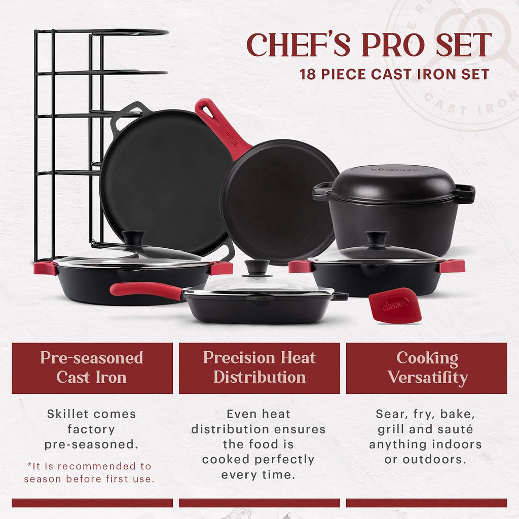 Cuisinel Cast Iron 18-Piece Preseasoned Cookware Set: 10'+12' Skillets w/Lids + 5-Qt Dutch Oven + 10.5' Square Grill Pan w/Lid + Pizza Pan + Round Griddle + 15' Organizer +Scraper + Silicone Handle