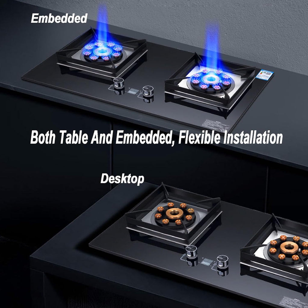 Indoor Portable Gas Stove 2 Burners, 5.2KW Built-in Gas Cooker Plug and Play, Accidental Flameout Protection Device, LPG/Natural Gas Kit(NG)