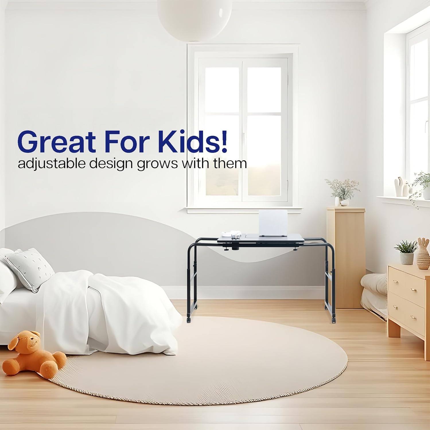 VIVO Mobile Over the Bed and Recliner Table, Tilting Laptop Tray with Height and Length Frame Adjustment, Ergonomic Overbed Kids and Adult Desk on Wheels, Black, DESK-V202B