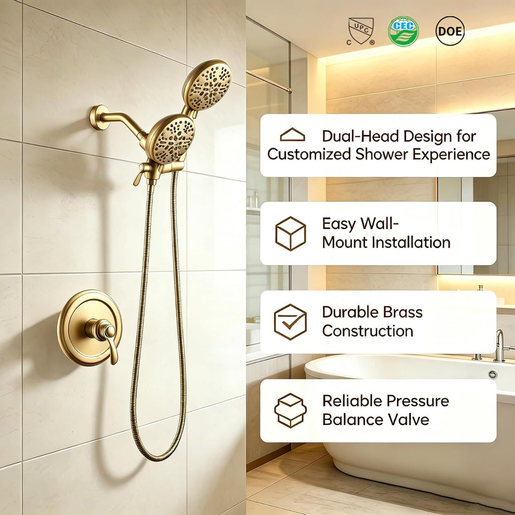 Dual Shower Head with Handheld Bathroom Double Shower Heads High Pressure 3-Way Rainfall Combo with SUS304 Hose 7-Setting Showerhead and Hand Held Shower Separately or Together Brushed Gold