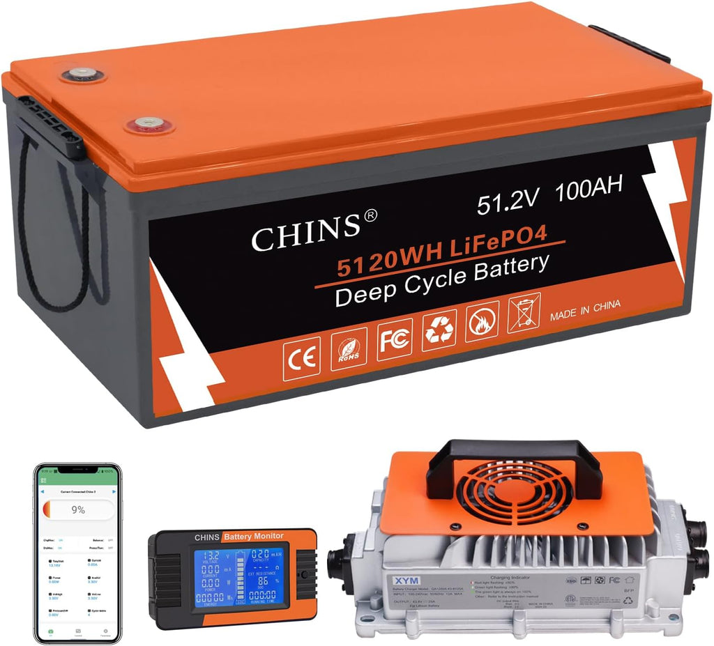 CHINS 48 Volt 100AH Lithium Battery for Golf Cart with 48V 18A Charger, Monitor, Built-in Bluetooth 200A BMS, 48V Golf Cart Battery with 10.24kW Output