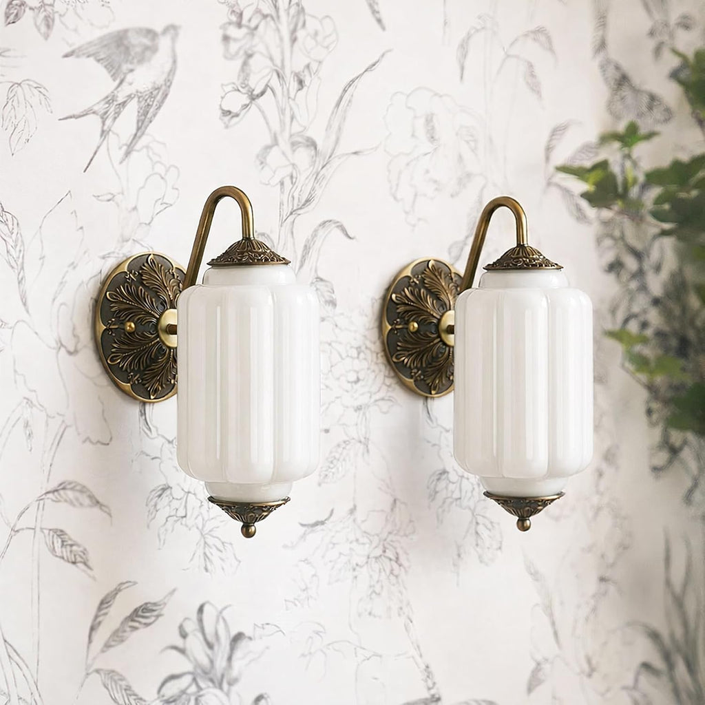 2-Pack Antique Gold Milk Glass Wall Sconce - Vintage Green Shade & Brass Finish Base - Indoor Wall Lighting Fixture for Living Room, Bedroom, Bathroom, Hallway, Entryway (2 Pack/White)