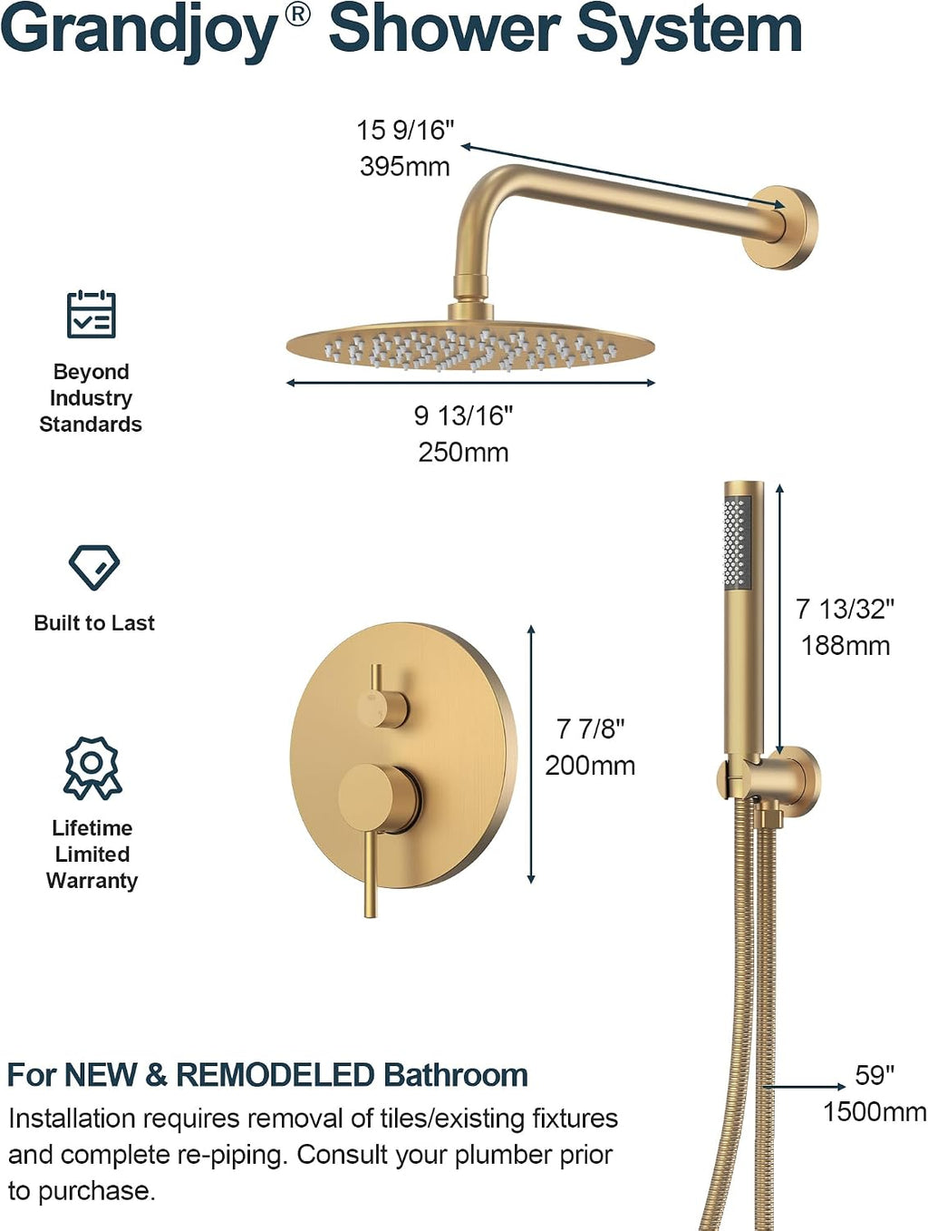 10 Inch Round Shower Faucet Set, High Pressure Rainfall Shower Head and Handheld Sprayer Combo, Brushed Gold
