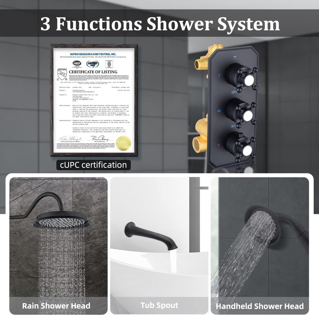 All Metal Thermostatic Shower System with Tub Spout Matte Black Backnets 9 Inch Wall Mounted Shower Tub Faucet Set for Bathroom with Handheld Sprayer, Rough-in Valve Body and Trim kit