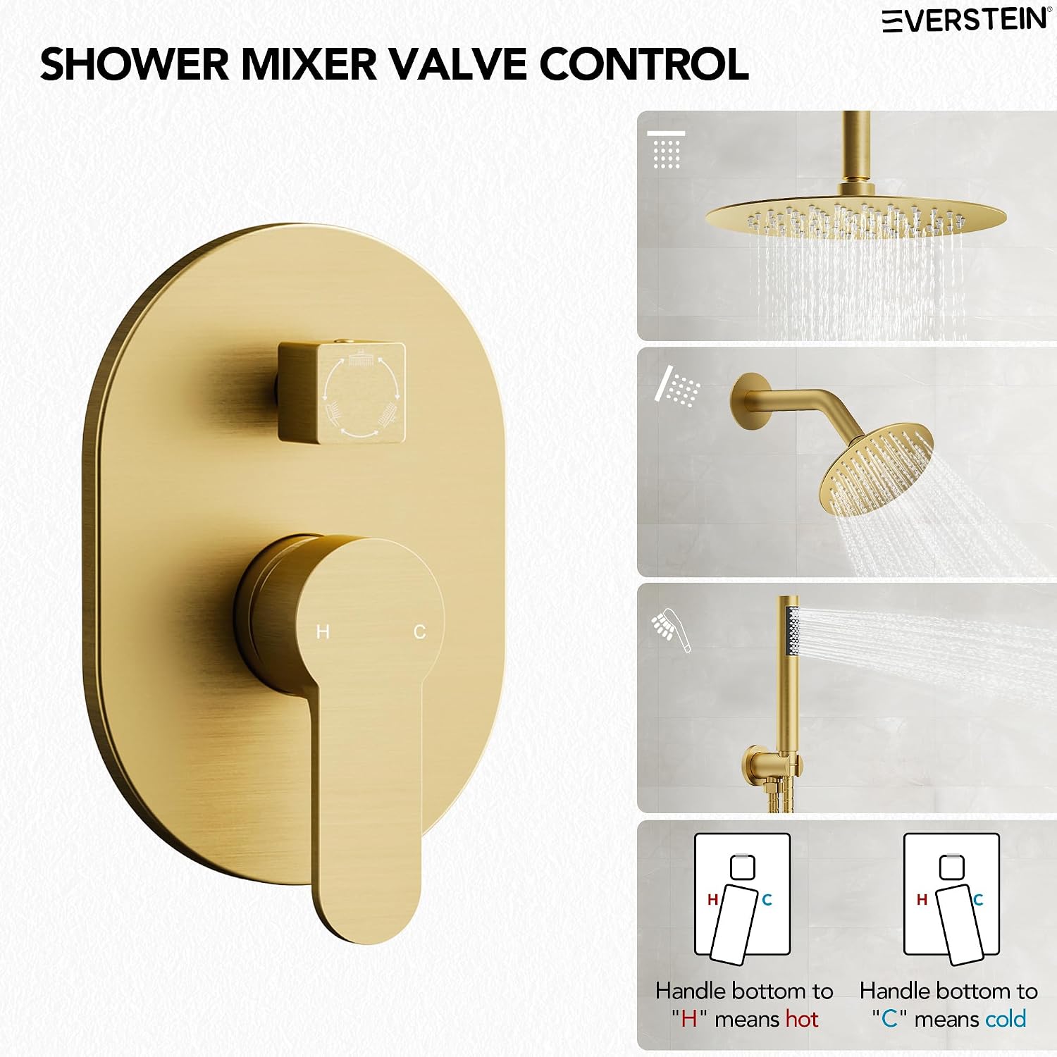 Ceiling Mount 10' High-Pressure Rainfall Shower Faucet, Dual Rainfall Shower Head System with Valve (Brushed Gold)