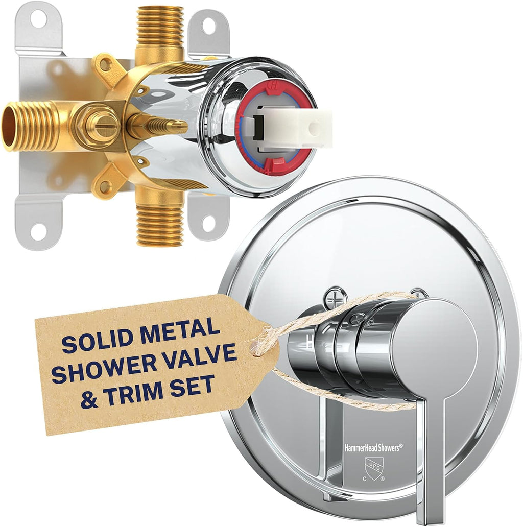 HammerHead Showers Solid Metal Single-Handle Trim Kit with Rough-In Shower Valve, Volume and Temperature Control, Pressure Balance, Chrome