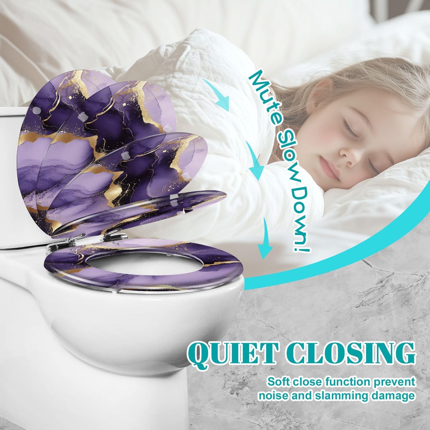 Round Toilet Seat Purple marble gold stripes alcohol ink Luxury violet black watercolor Resin Toilet Seat Slow Quiet Close Lid with Quick-Release Hinges Cover Bumpers Easy to Clean Install