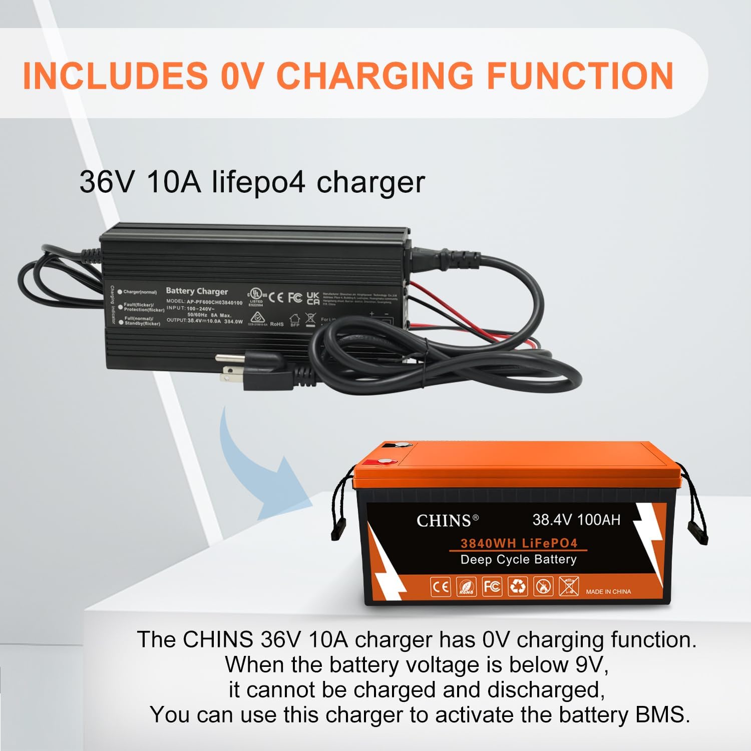 CHINS 36V 100Ah Lithium Golf Cart Battery, Bluetooth LiFePO4 Battery, Built in 200A BMS, Peak Current 1000A, Includes 36V 10A Lithium Charger, Perfect for Golf Carts, Marine etc