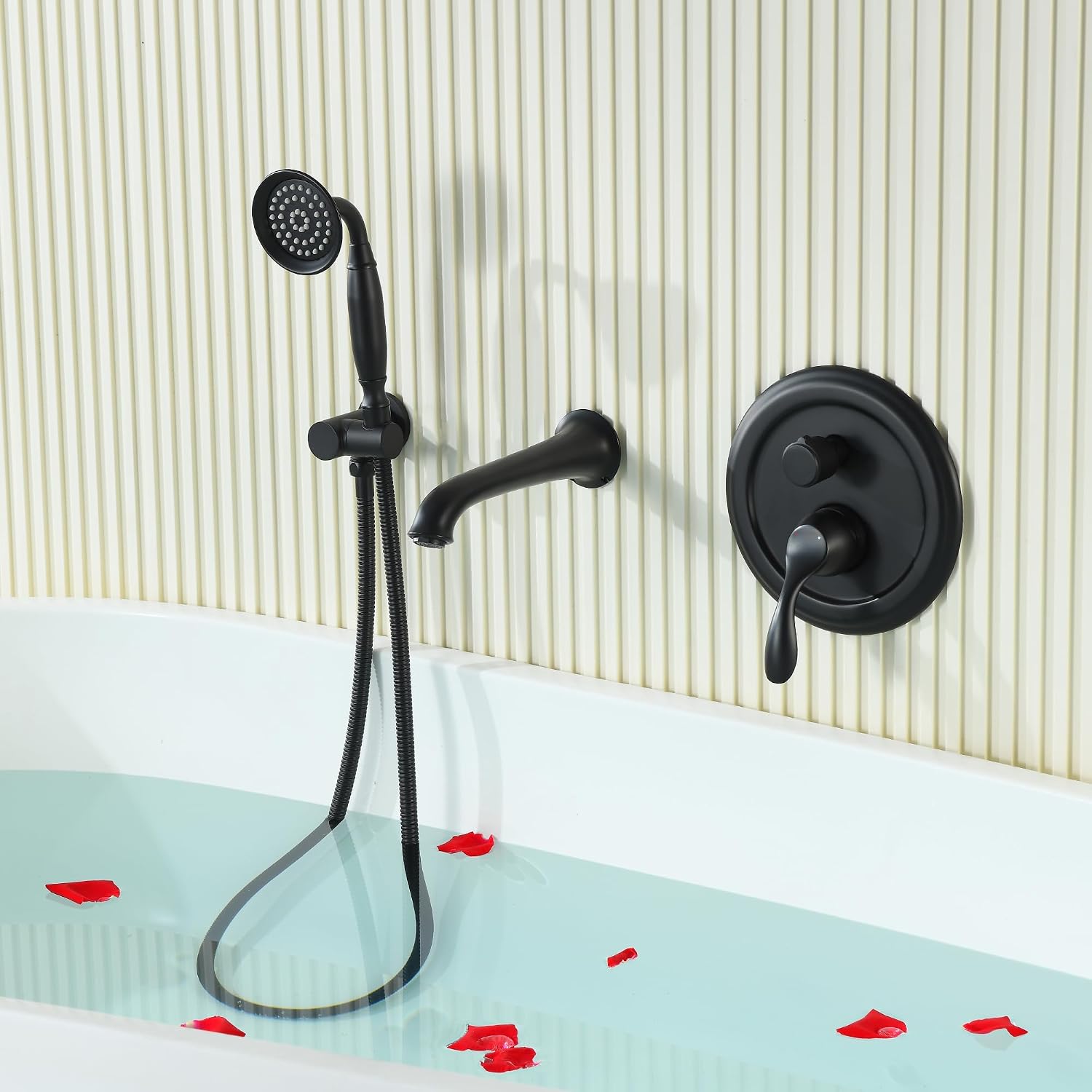 DASAN Antique Wall Mount Tub Filler Faucet with Hand Held Shower, Matte Black Bathtub Faucet with Sprayer Wall Mounted Roman Bath Tub Faucet Set with High Flow Rough in Valve, AT201TF-MB