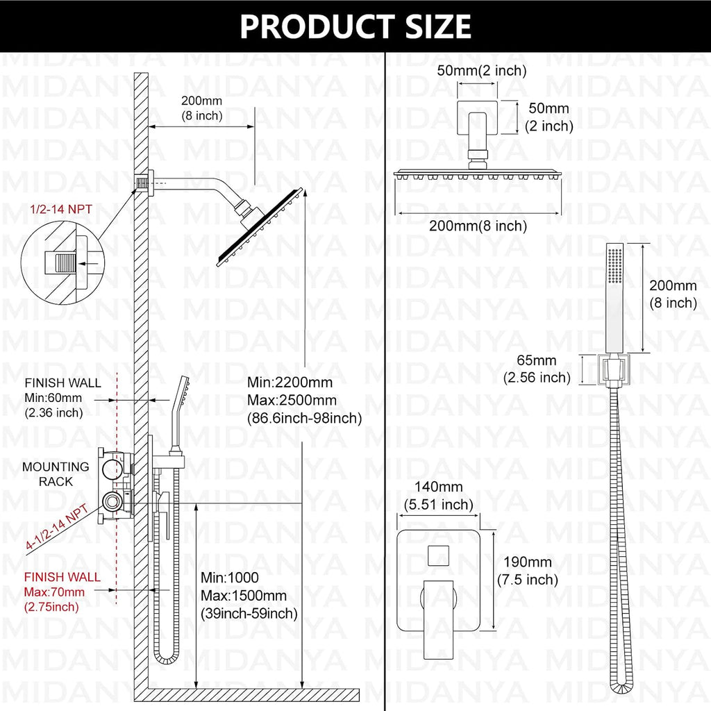 Midanya Shower Faucet Set,Wall Mount Shower System with Square Rain Shower Head and Hand Sprayer, Rough-in Valve Body and Trim Kit Included,8 Inch,Matte Black