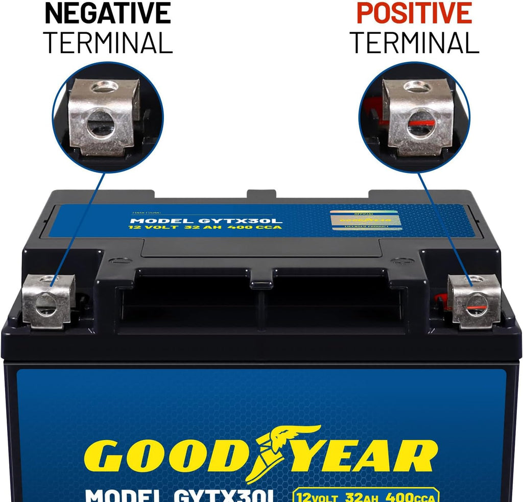 Goodyear GYTX30L - 12 Volt 32 AH, 400 CCA, Rechargeable High-Performance, Maintenance Free, SLA - AGM Battery for Motorcycle, ATV, UTV, Scooter, Snowmobile, Motorbike and more!