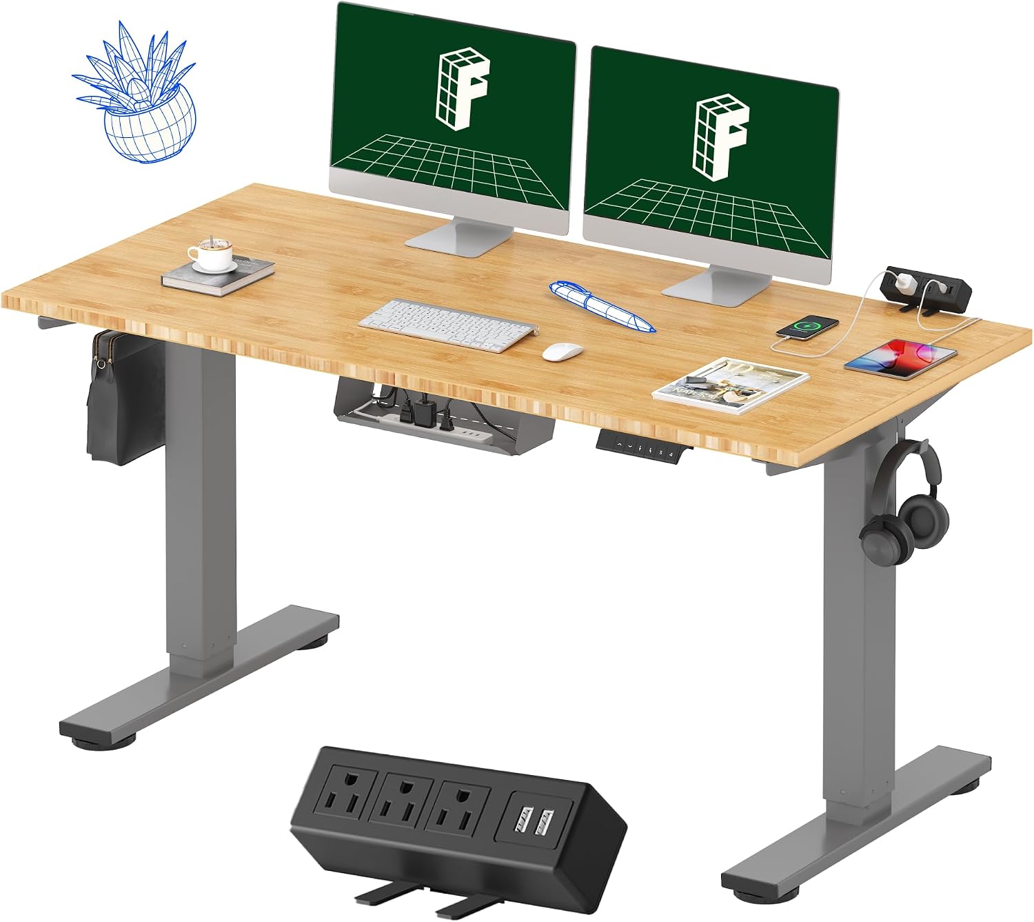 FLEXISPOT EN2 Bamboo Standing Desk with Clamp Power Strip, 55 x 28 Electric Stand Up Height Adjustable Desk with Cable Management (Grey Frame + 55' Bamboo Top, 2 Packages)
