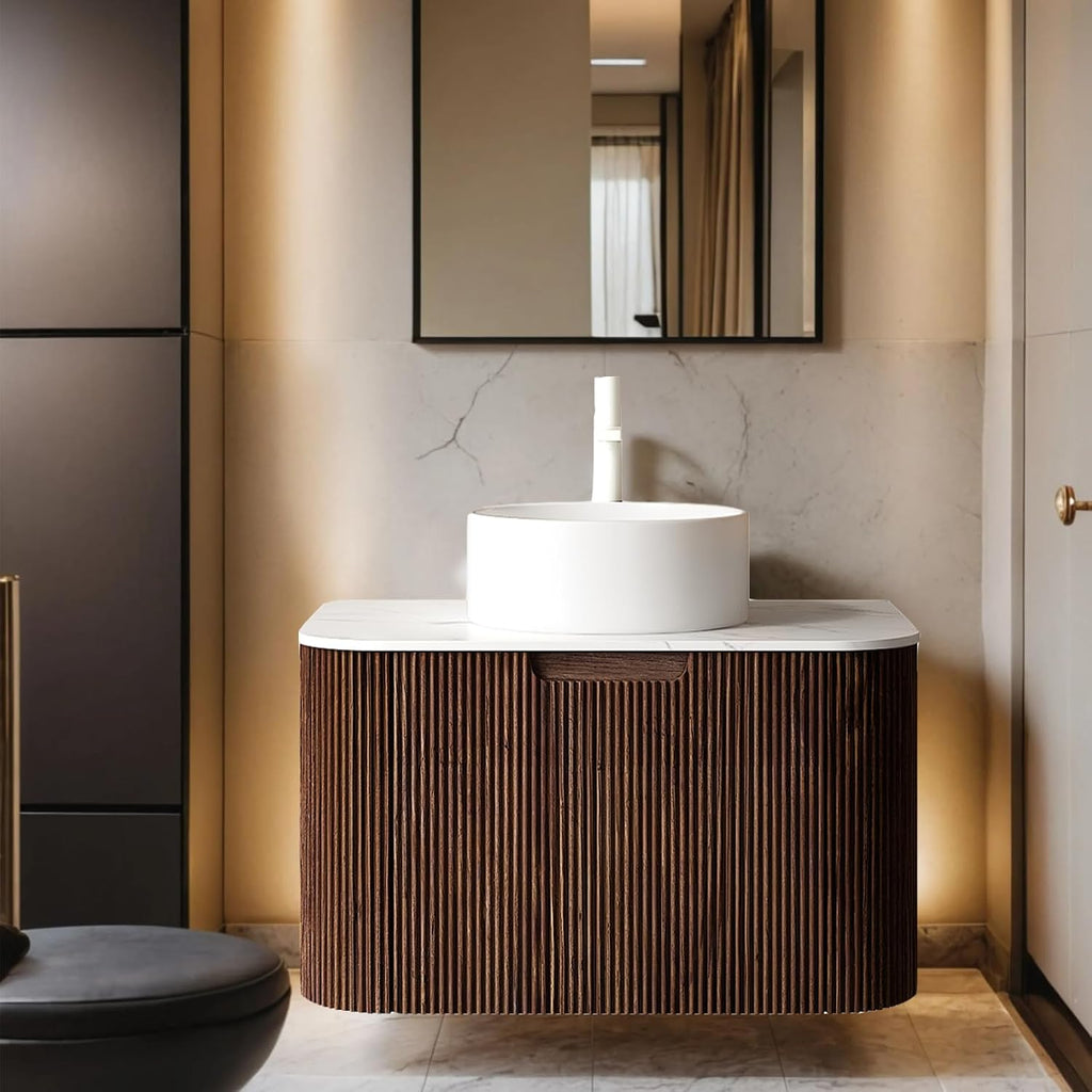 24' Modern Floating Bathroom Vanity with Sink, Wall-Mounted Cabinet with Ultra-Thin Ceramic Basin and Marble Top, Extra Large Storage Drawer, Soft-Close Design, Dark Walnut