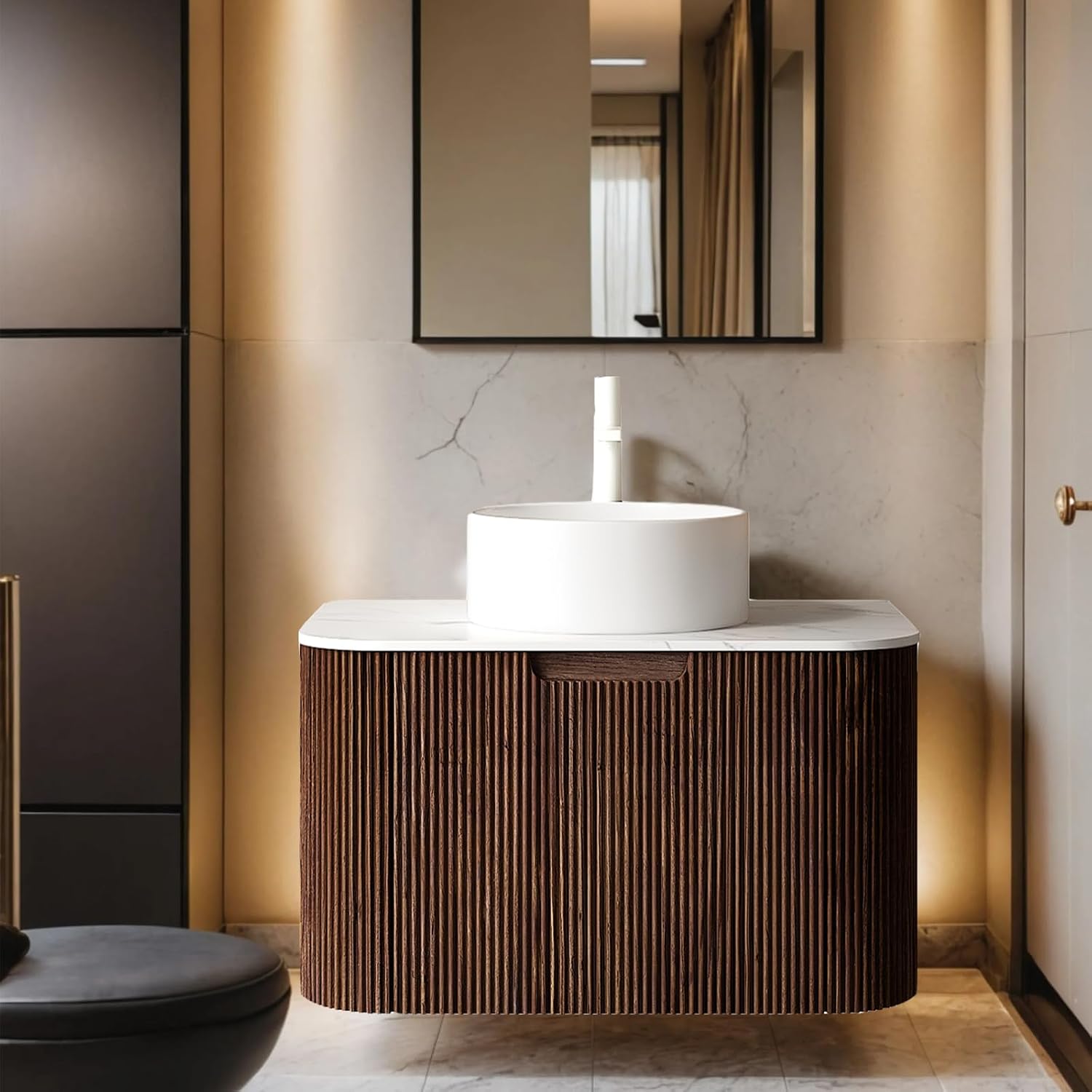 24' Modern Floating Bathroom Vanity with Sink, Wall-Mounted Cabinet with Ultra-Thin Ceramic Basin and Marble Top, Extra Large Storage Drawer, Soft-Close Design, Dark Walnut