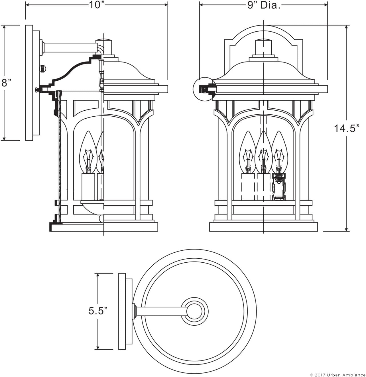 Urban Ambiance Luxury Rustic Outdoor Wall Light, Medium Size: 14.5' H x 9' W, with Colonial Style Elements, Wrought Iron Design, High-End Black Silk Finish and Seeded Glass, UQL1102