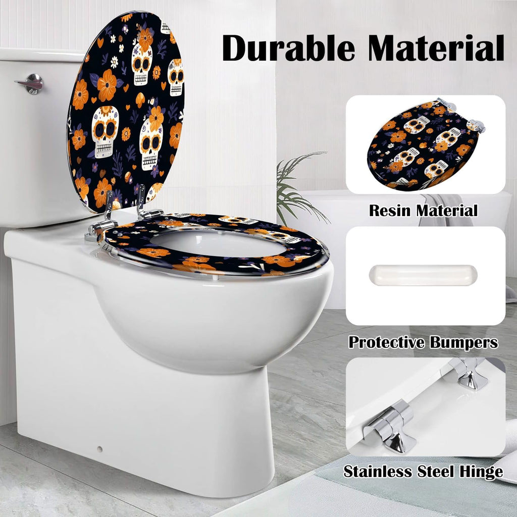 Elongated Toilet Seat Hand drawn seamless cute sugar skulls flowers for fabric Resin Toilet Seat Slow Quiet Close Lid with Quick-Release Hinges Cover Bumpers Easy to Clean Install