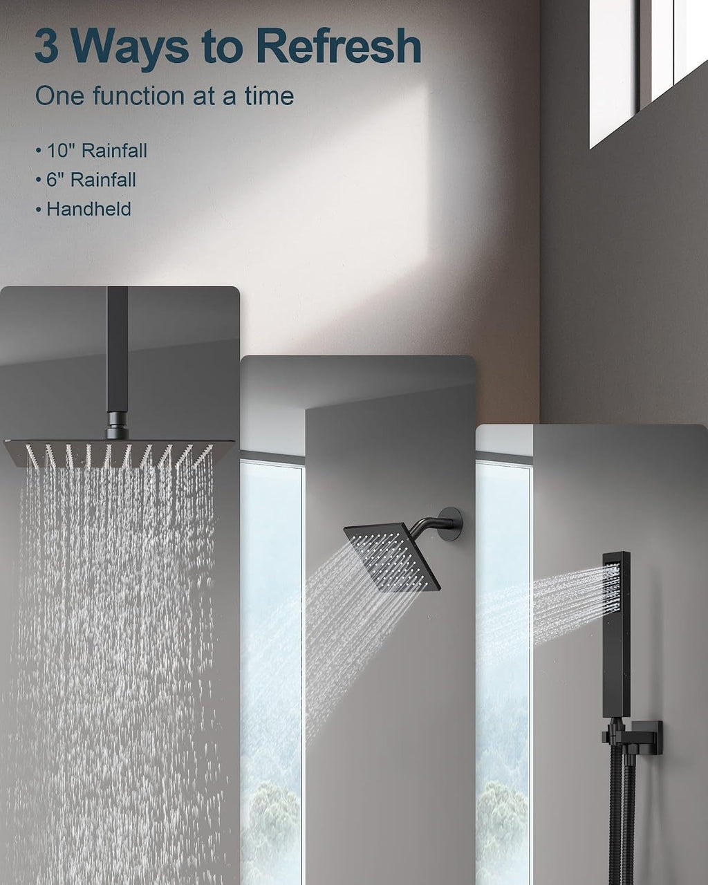Matte Black 3-Function Shower System with 10' Rainfall & 6' Secondary Shower Head, Handheld Combo Set, Wall Mounted cUPC Certified Pressure Balance Valve