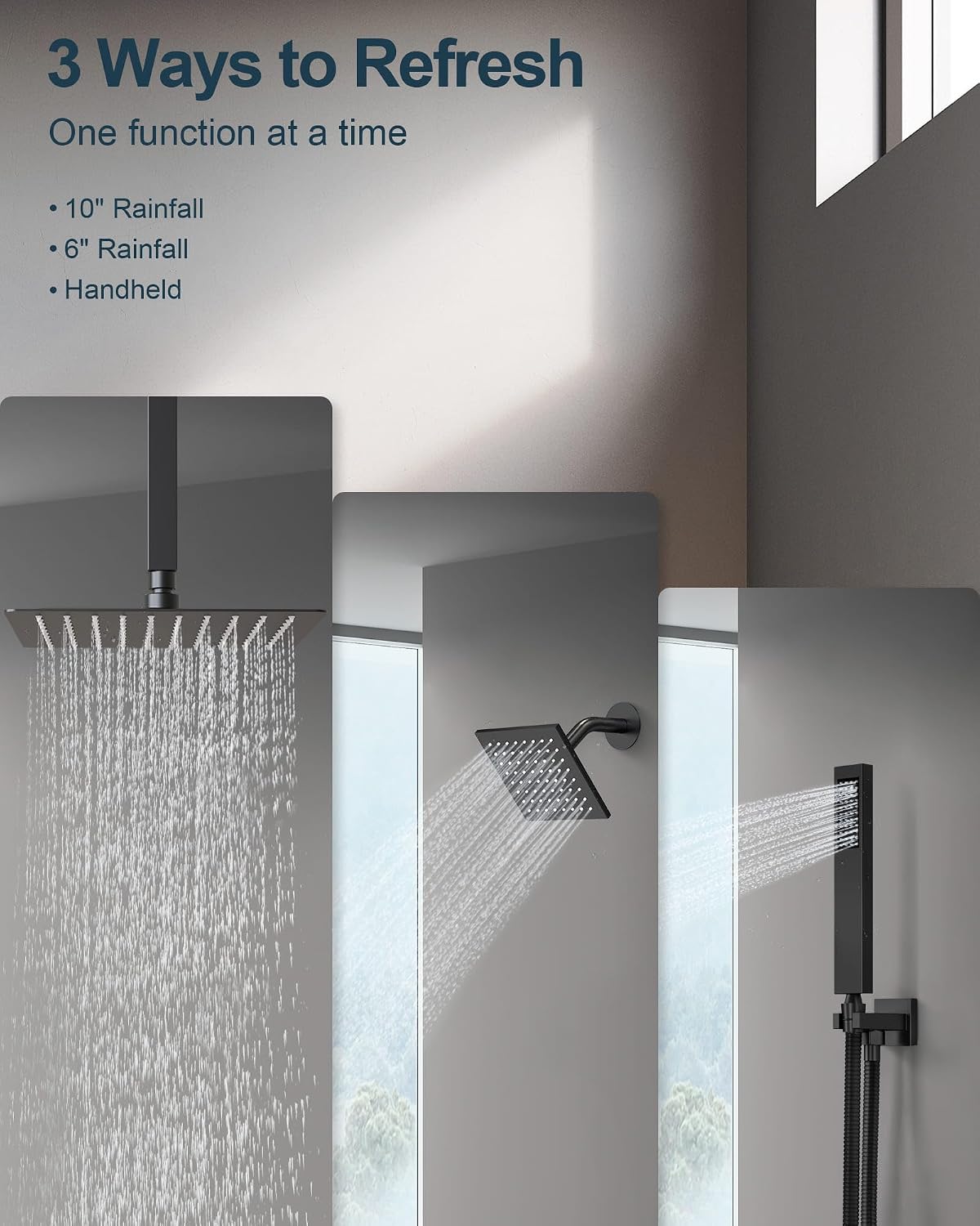 Matte Black 3-Function Shower System with 10' Rainfall & 6' Secondary Shower Head, Handheld Combo Set, Wall Mounted cUPC Certified Pressure Balance Valve