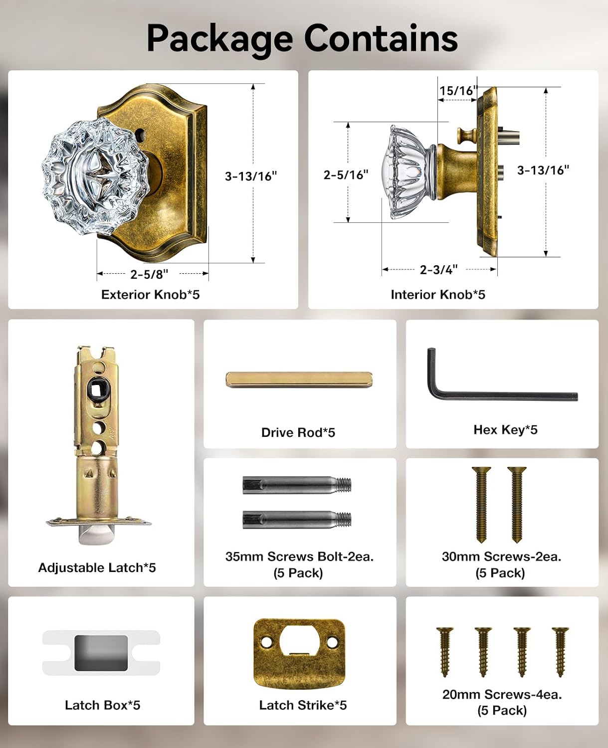 5 Pack Glass Crystal Door Knobs Interior, Aged Brass Crystal Door Knobs with Lock for Privacy Use, Antique Crystal Glass Doorknobs for Bedroom Bathroom Interior Doors