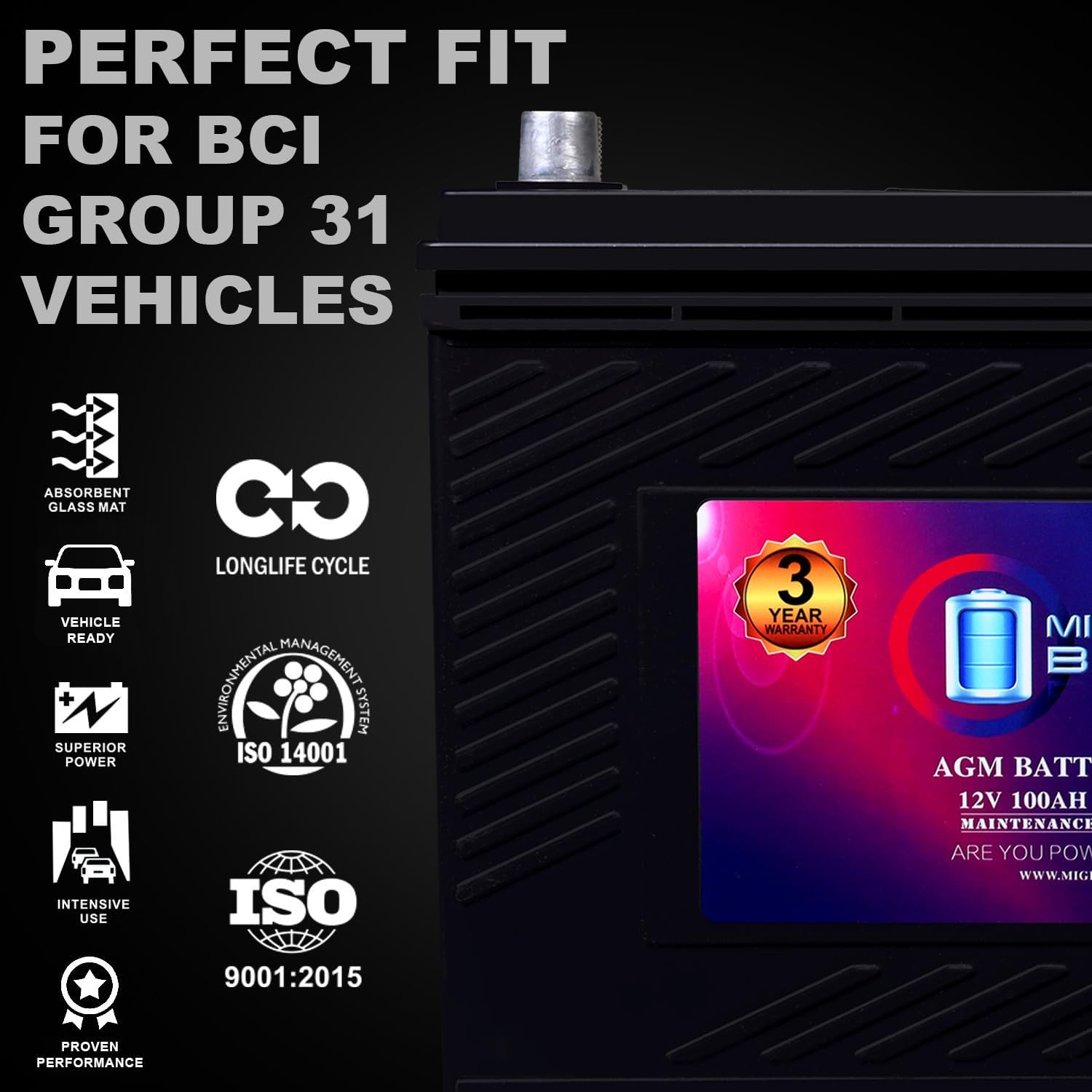 Mighty Max Battery MM-G31 Start and Stop Car BCI Group 31 12V 100AH, 140RC, 900 CCA, Rechargeable AGM Car battery